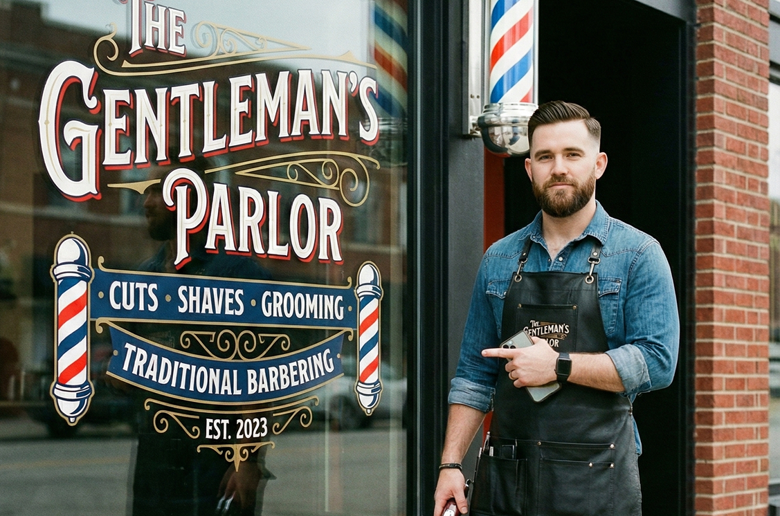 Professional window lettering installation on a Boynton Beach barbershop storefront